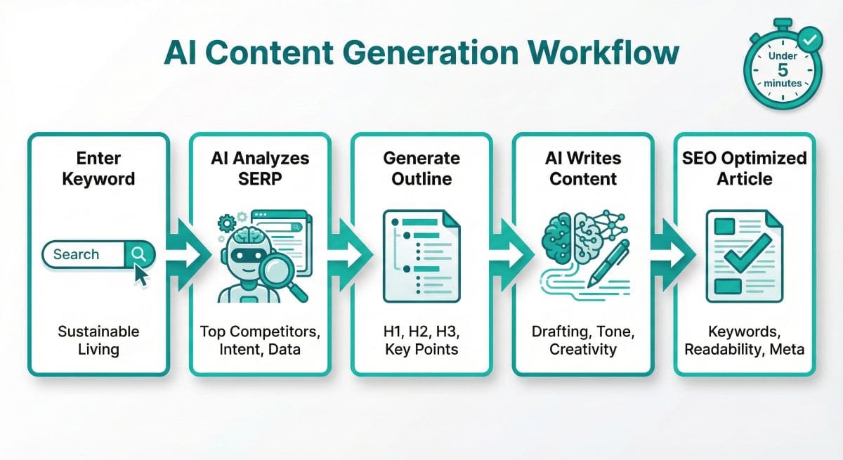 Scalenut Cruise Mode workflow diagram showing 5-step process from keyword to SEO-optimized article in under 5 minutes
