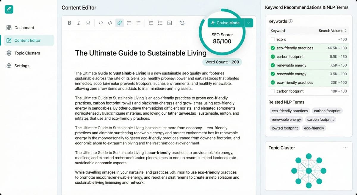Scalenut dashboard interface showing content editor with SEO score, keyword recommendations, and Cruise Mode feature