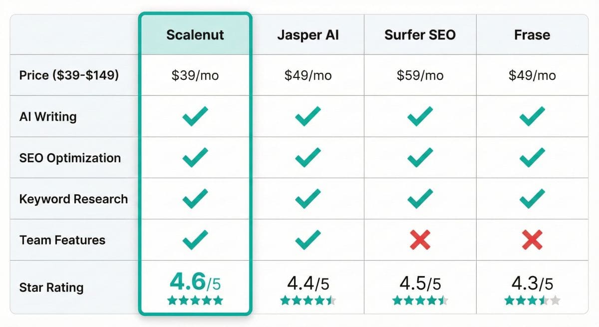 Comparison matrix of AI writing tools showing Scalenut vs Jasper AI, Surfer SEO, and Frase with features and pricing