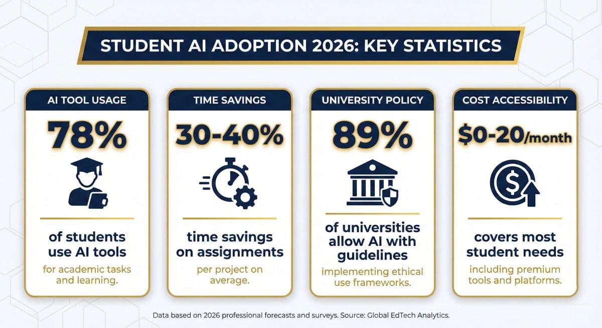 Infographic showing 78% of college students use AI tools with 30-40% time savings in 2026
