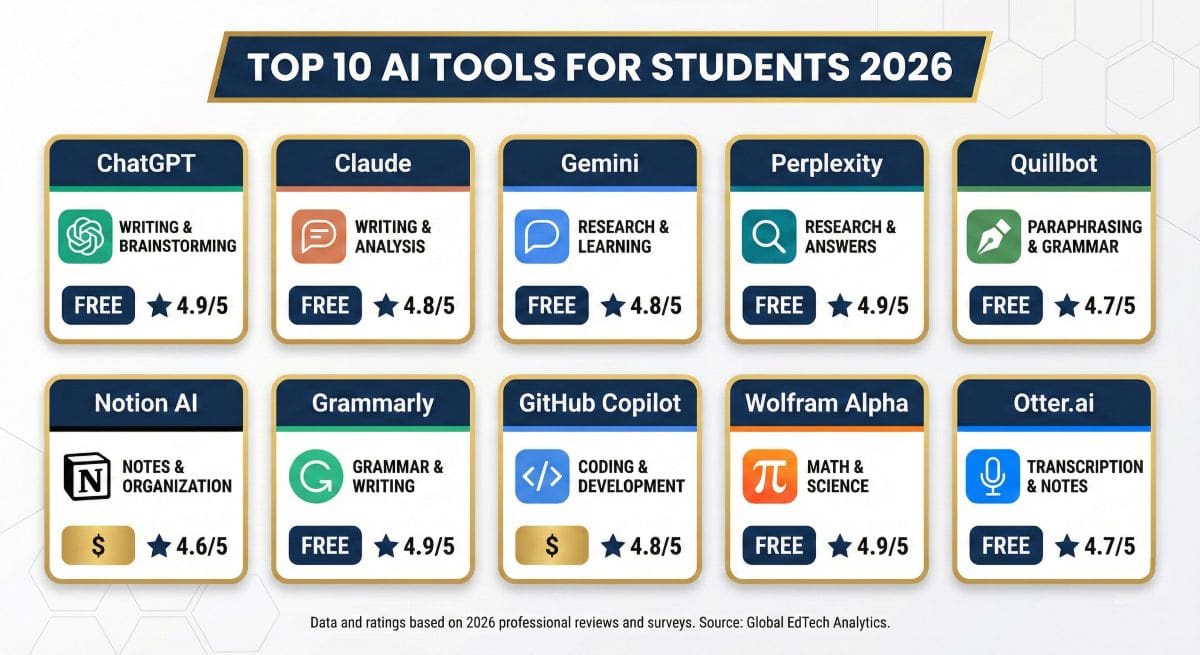 Comparison chart of top 10 AI tools for students including ChatGPT, Claude, Perplexity, Grammarly with pricing and features