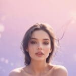 AI-generated dreamy portrait with windswept hair and soft bokeh light orbs against a pink to lavender gradient background for an Instagram reel cover