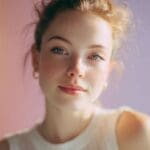 AI-generated natural beauty portrait of a smiling redhead woman with freckles and blue eyes in a white tank top against a soft pink to lavender gradient background for an Instagram reel cover