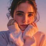 AI-generated cinematic golden hour portrait of a freckled blue-eyed woman with hands cupped around her face in a white ribbed sweater against a lavender blue sky for an Instagram reel cover