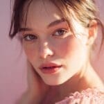 AI-generated extreme close-up beauty portrait of a freckled brunette woman with an intense direct gaze against a warm blush pink background with a pink textured fabric for an Instagram reel cover