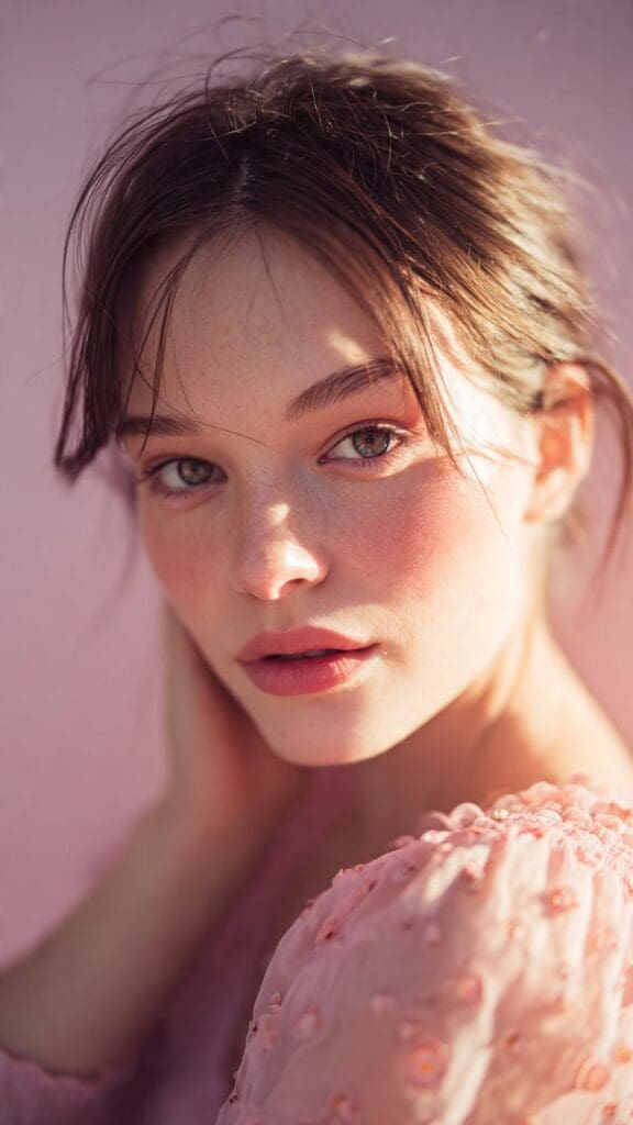 AI-generated extreme close-up beauty portrait of a freckled brunette woman with an intense direct gaze against a warm blush pink background with a pink textured fabric for an Instagram reel cover