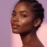 AI-generated luxury beauty editorial portrait of a Black woman with a braided updo and pearl stud earring against a lavender to pink gradient background for an Instagram reel cover