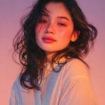 AI-generated warm rim-lit portrait of an Asian woman with loose curly dark hair in a white shirt against a pink to lavender gradient background for an Instagram reel cover