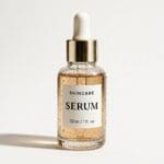 AI-generated product photo of an amber-coloured skincare serum in a clear glass dropper bottle with gold cap and white label reading Skincare Serum 30ml on a white background