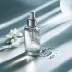 AI-generated product photo of a clear glass skincare serum dropper bottle with silver cap beside a white flower with dramatic diagonal natural light rays and scattered water droplets