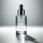 AI-generated product photo of a premium clear glass serum dropper bottle with black chrome cap and printed label on a reflective grey studio surface