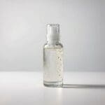 AI-generated product photo of a clear glass skincare pump bottle covered in water condensation droplets against a soft grey studio gradient background