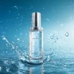 AI-generated commercial product photo of a clear glass skincare serum bottle with silver cap surrounded by a dramatic dynamic water splash on a vivid blue gradient background