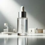 AI-generated product photo of a clear glass skincare serum dropper bottle in sharp focus with blurred bokeh studio product display in the background