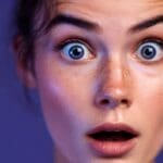 Macro shot of a person with blue eyes and freckles looking stunned.
