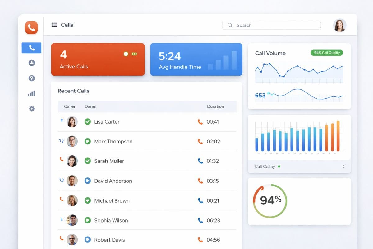 CloudTalk call center dashboard showing real-time call statistics, call log, and analytics interface