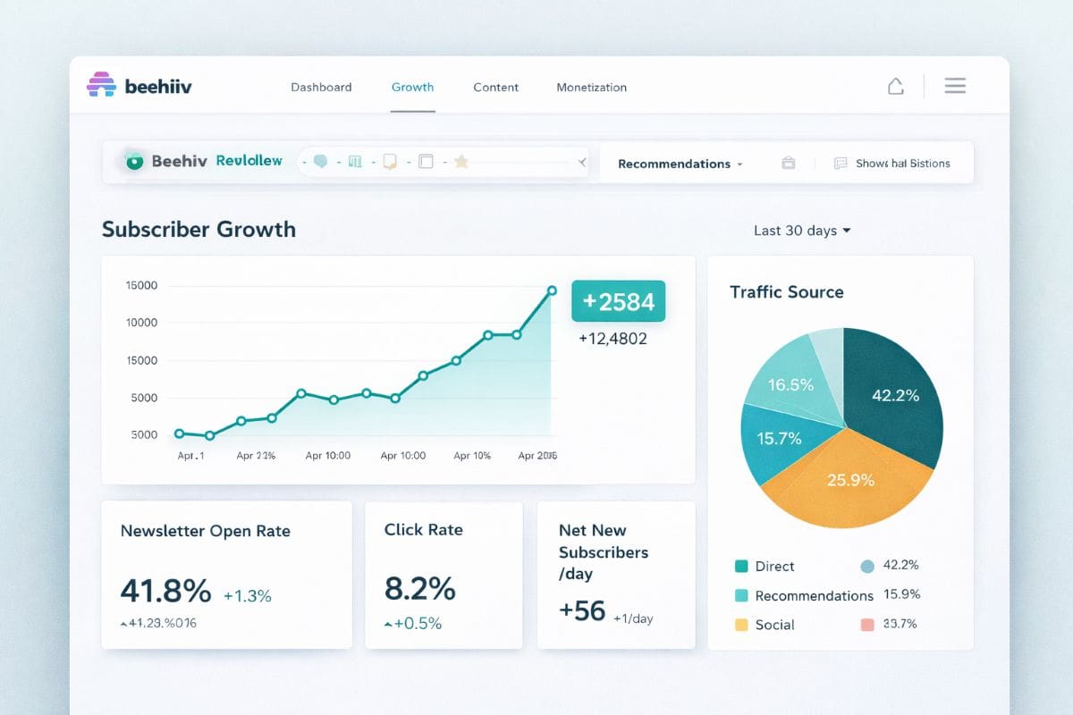 Beehiiv analytics dashboard showing subscriber growth chart, traffic source pie chart, and engagement metrics like open rate and click rate