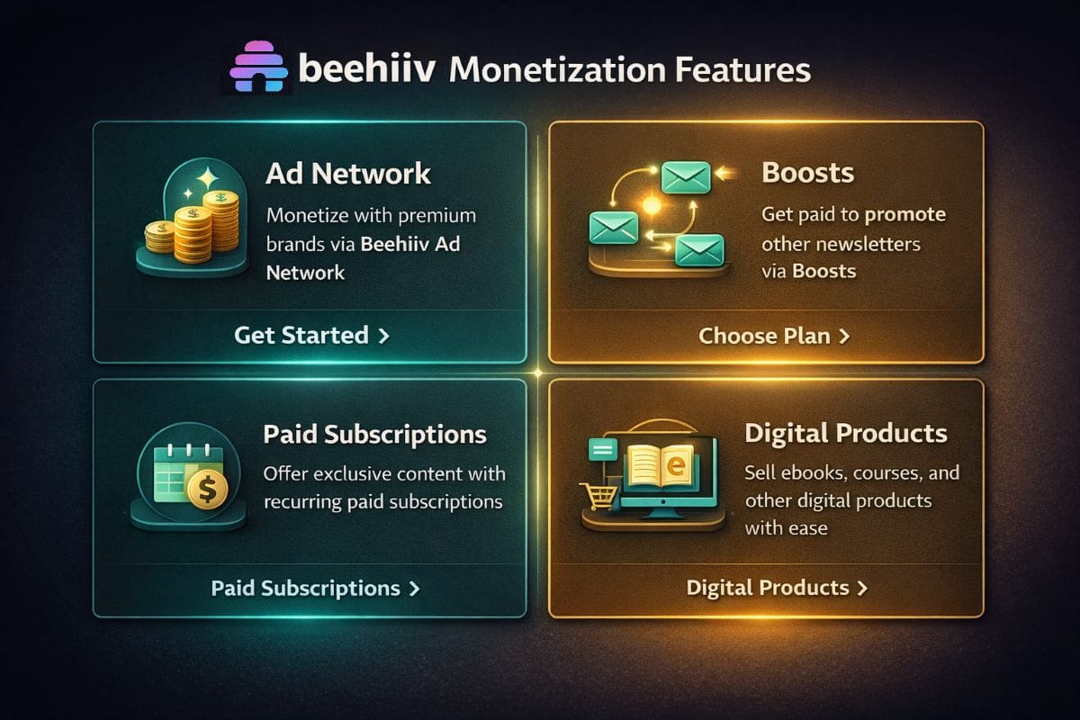 Beehiiv monetization features infographic showing Ad Network, Boosts, Paid Subscriptions, and Digital Products