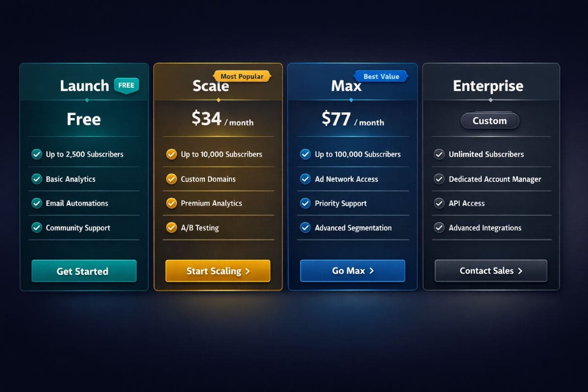 Beehiiv pricing plans showing Launch (Free), Scale, Max, and Enterprise tiers with subscriber limits and key features