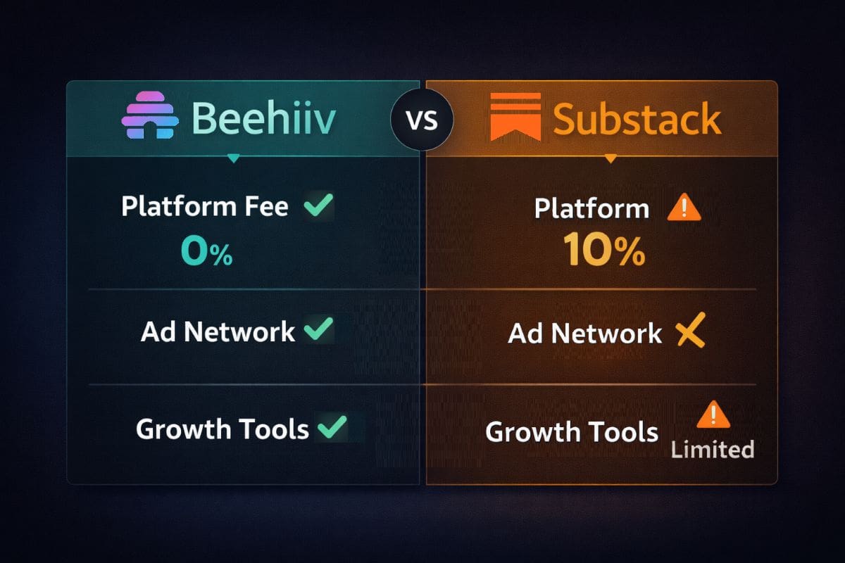 Beehiiv vs Substack comparison showing 0% platform fee for Beehiiv versus 10% for Substack, plus ad network and growth tools differences