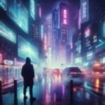 AI-generated cyberpunk wallpaper of a lone hooded figure standing at a foggy neon-lit city crossroads with purple and teal neon signs and vehicle tail lights reflected on wet pavement
