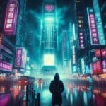 -generated cyberpunk city wallpaper with a lone hooded figure on a crowded neon street facing a massive glowing teal holographic billboard tower surrounded by Asian neon signage generated with DALL-E