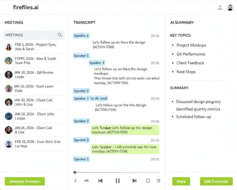 Fireflies.ai dashboard showing meeting transcripts list, AI-generated summaries, and action items extraction with speaker identification