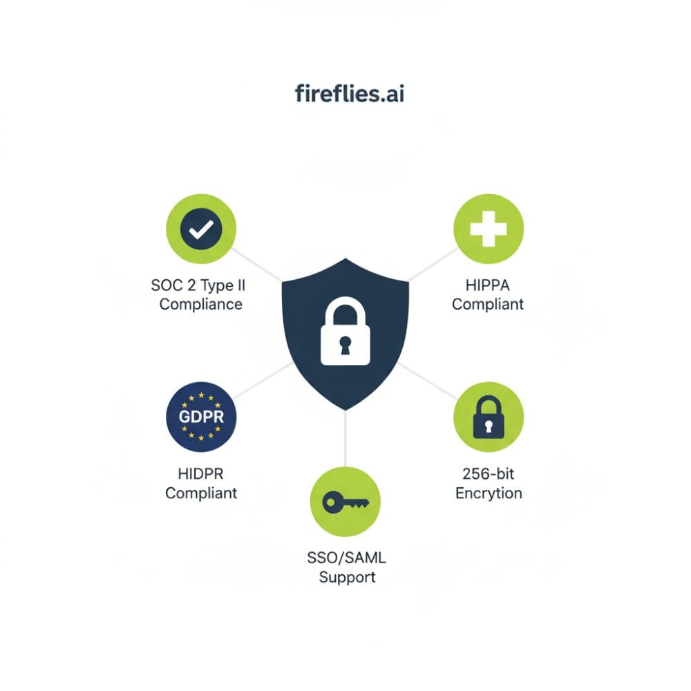 Fireflies.ai security certifications including SOC 2 Type II, GDPR compliance, HIPAA available, and 256-bit AES encryption badges