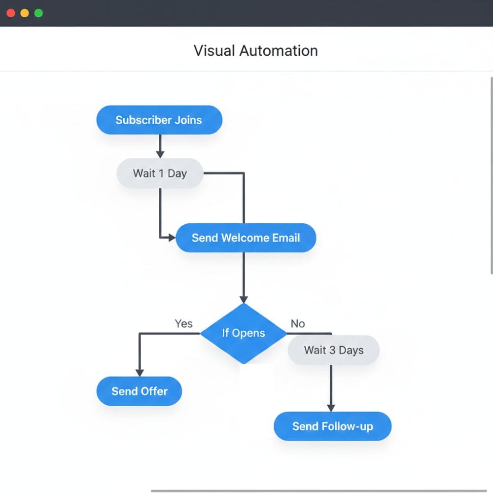 GetResponse visual automation flowchart showing a subscriber trigger leading to a welcome email and If Opens condition split