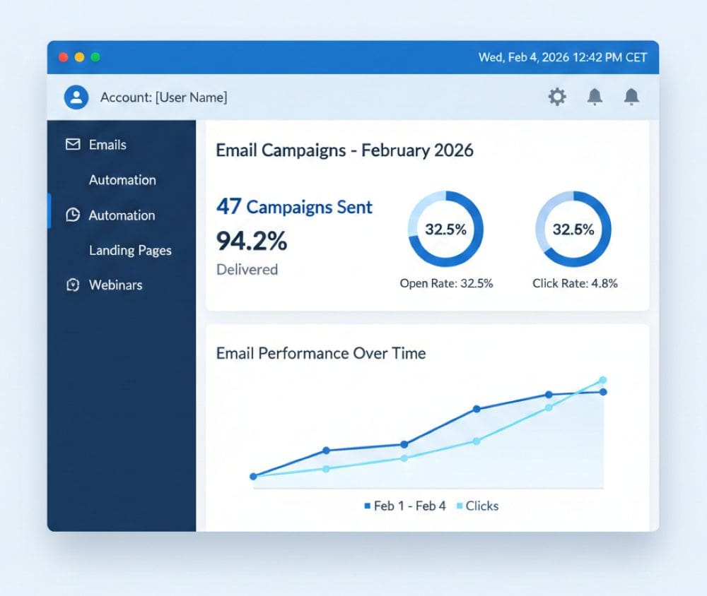 GetResponse main dashboard interface showing 47 campaigns sent, 94.2% delivery rate, and email performance charts