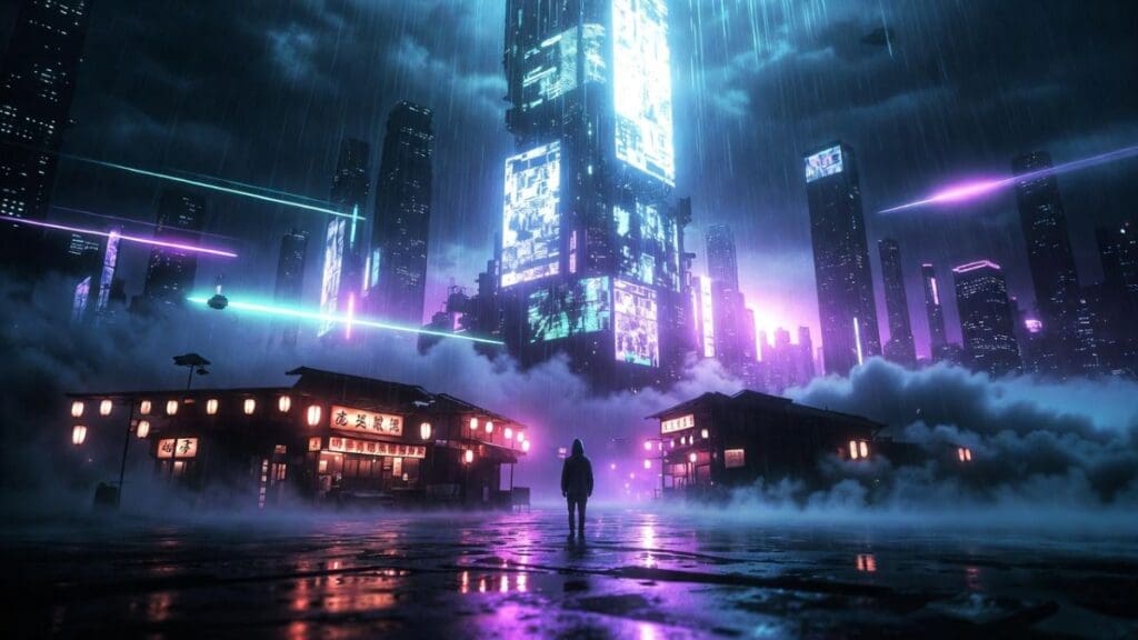 AI-generated cyberpunk wallpaper showing a dramatic contrast between traditional Japanese lantern buildings in the foreground and towering neon cyberpunk skyscrapers above with purple and cyan laser beams cutting through thick volumetric fog