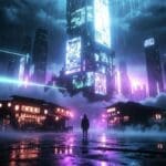 AI-generated cyberpunk wallpaper showing a dramatic contrast between traditional Japanese lantern buildings in the foreground and towering neon cyberpunk skyscrapers above with purple and cyan laser beams cutting through thick volumetric fog
