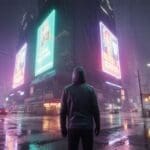 AI-generated cyberpunk wallpaper of a hooded figure at a rainy city intersection with large purple and cyan holographic billboard advertisements and heavy rain streaks
