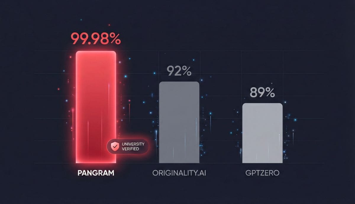 Pangram AI detection accuracy comparison showing 99.98% vs GPTZero 89% vs Originality.ai 92%
