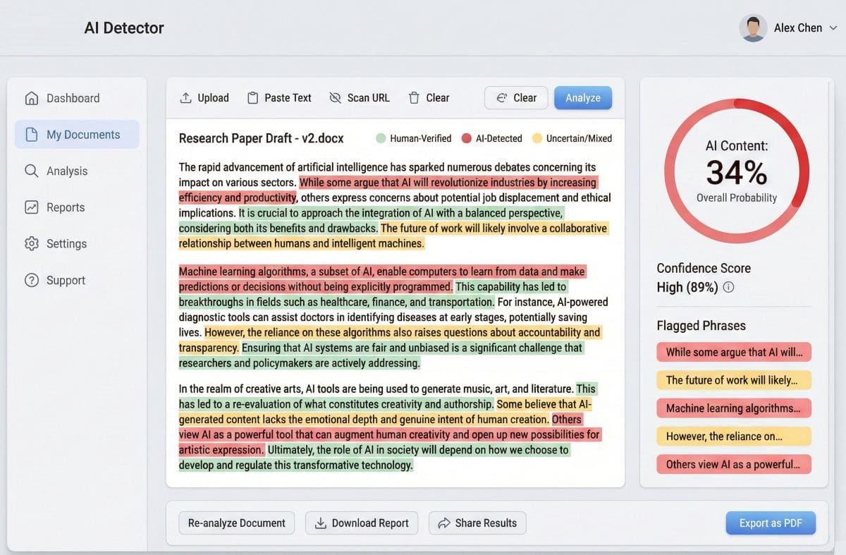 Pangram AI detector dashboard showing text analysis with color-coded AI phrase detection