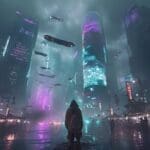 AI-generated cyberpunk sci-fi wallpaper of a lone hooded figure in a crowded street market below a massive fleet of flying vehicles and a glowing cylindrical holographic skyscraper generated with Playground AI