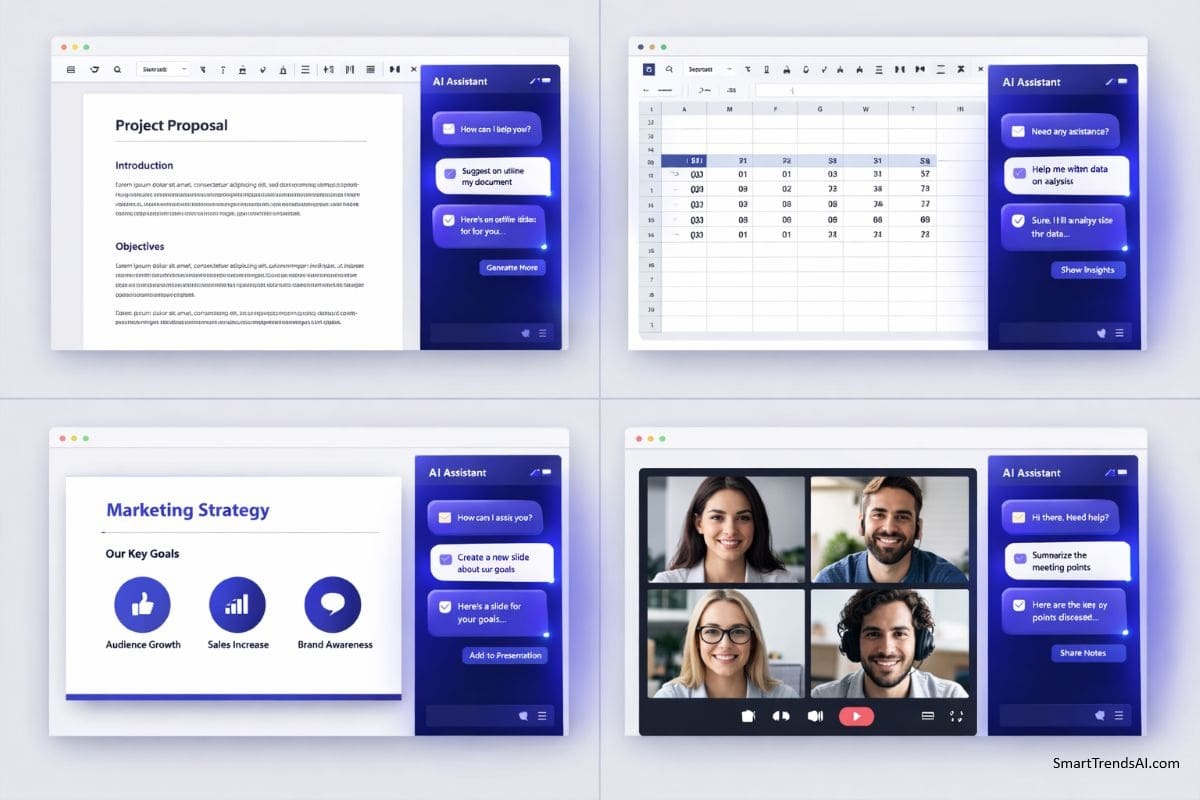 Microsoft Copilot 2026 interface showing AI features in Word, Excel, PowerPoint and Teams side by side