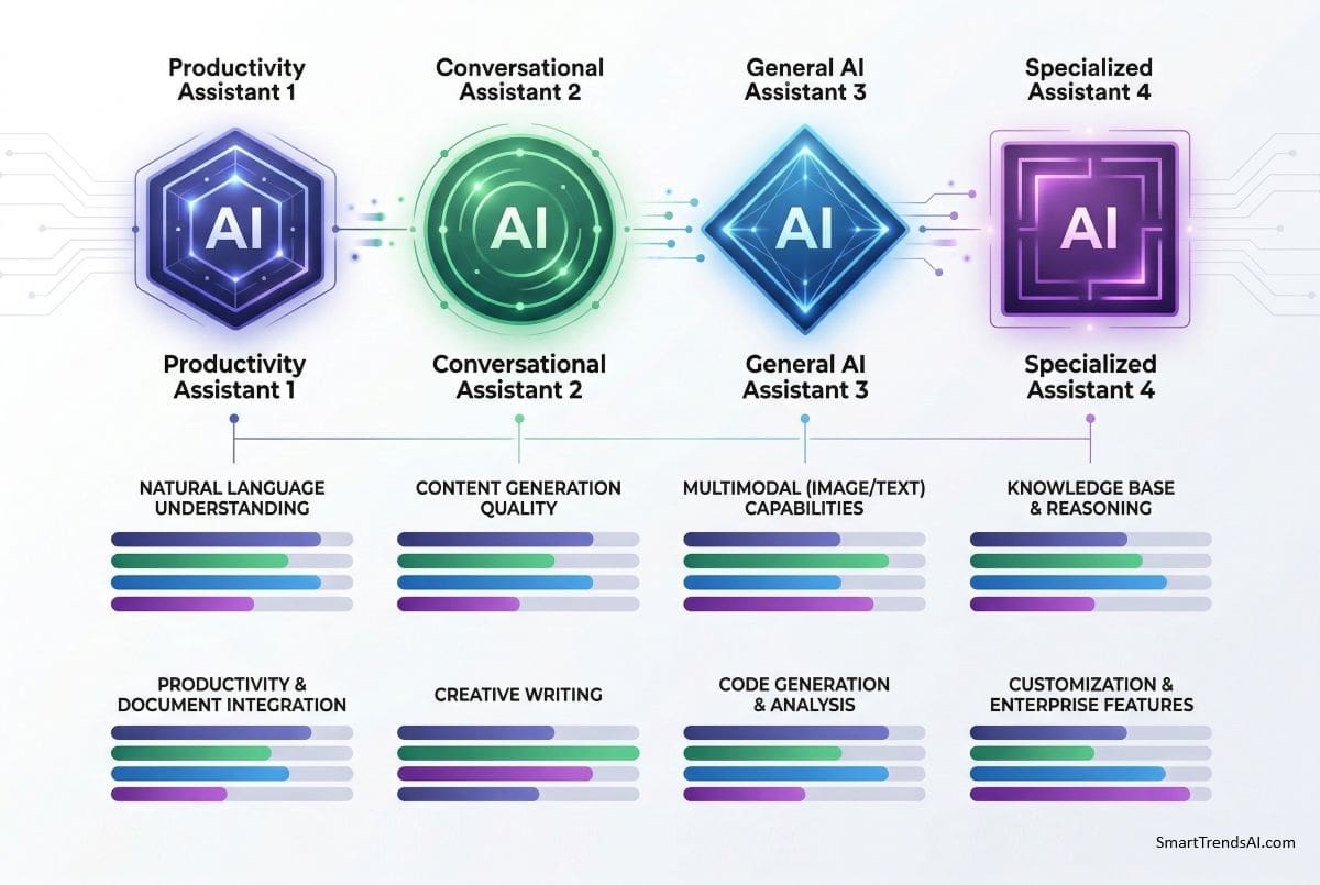 Microsoft Copilot compared to ChatGPT, Gemini, and Claude showing feature comparison matrix