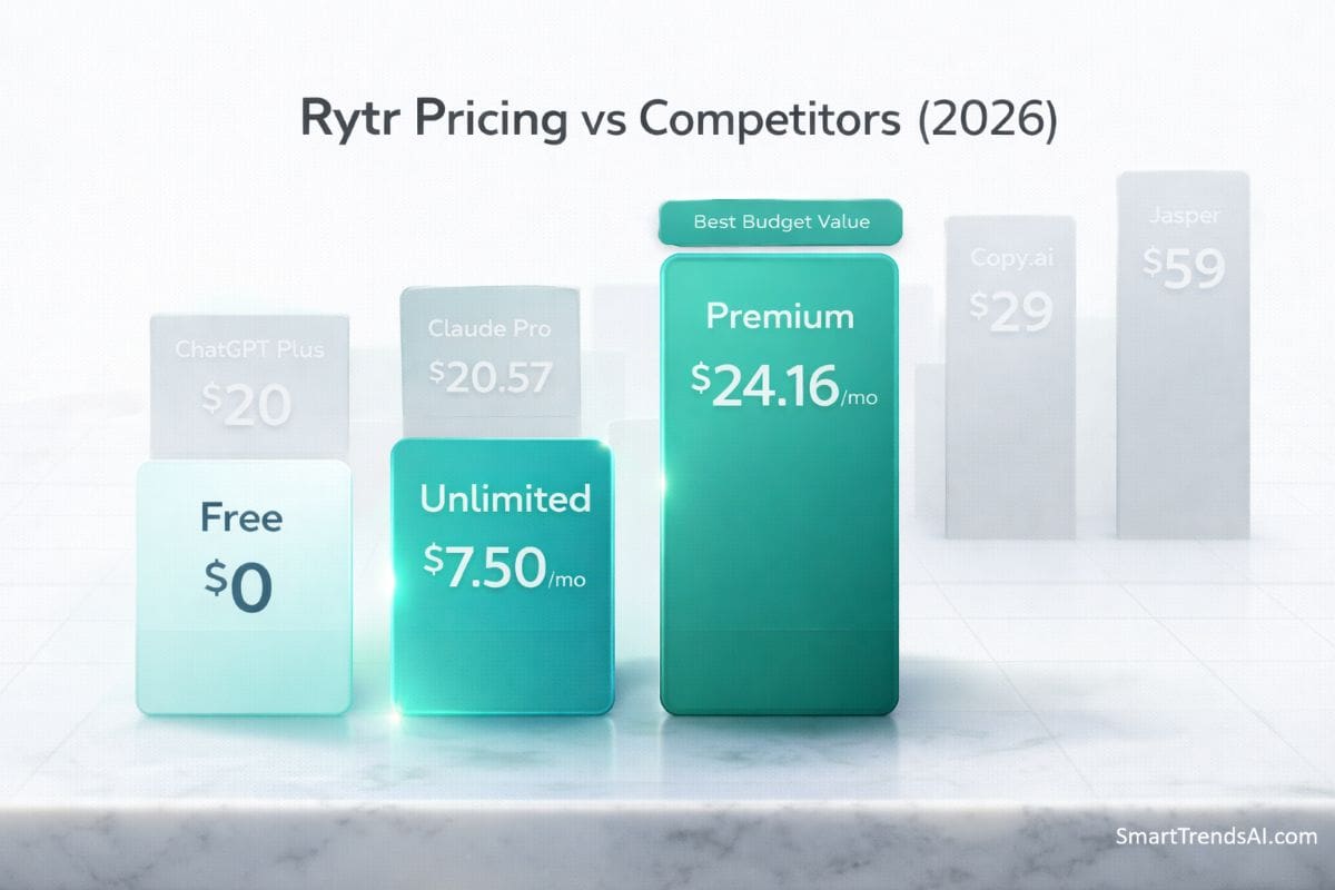 Rytr pricing comparison showing free plan, unlimited plan at $7.50 per month and premium plan compared to other AI writing tools