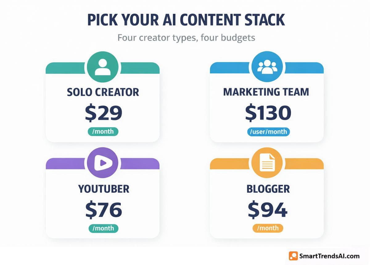 Four AI content creator stacks compared by monthly cost — solo creator $29, marketing team $130 per user, YouTuber $76, blogger $94