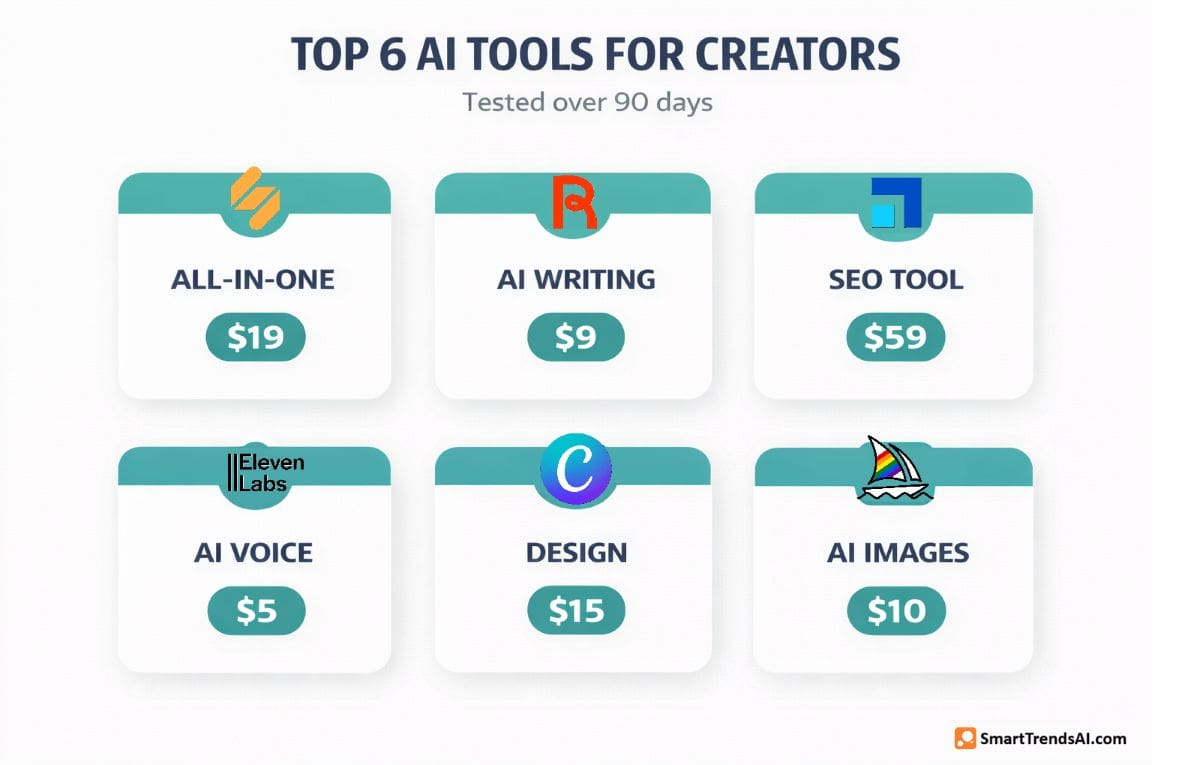 Six top-rated AI tools for content creators with starting prices — Simplified $19, Rytr $9, Scalenut $59, ElevenLabs $5, Canva $15, Midjourney $10