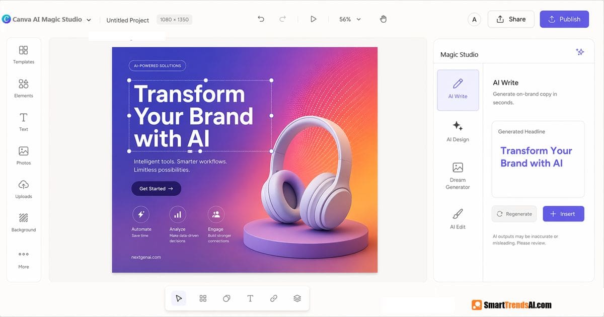 Canva AI Magic Studio interface 2026 showing design canvas with headphones marketing poster Transform Your Brand with AI — right sidebar Magic Studio panel with AI Write active generating headline, AI Design, Dream Generator and AI Edit tools listed, Regenerate and Insert buttons visible, Share and Publish buttons in top navigation bar