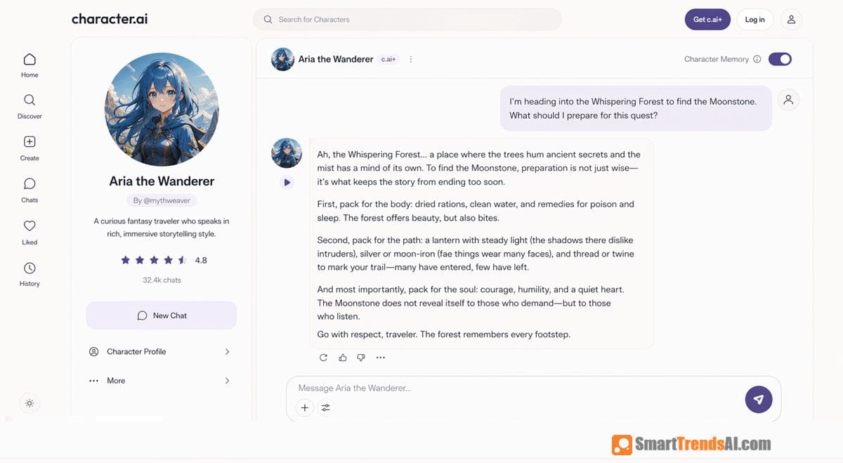 Character AI chat interface 2026 showing conversation with Aria the Wanderer anime character — user asking about Whispering Forest quest, character responding in immersive fantasy storytelling style with 32.4k chats and 4.8 star rating