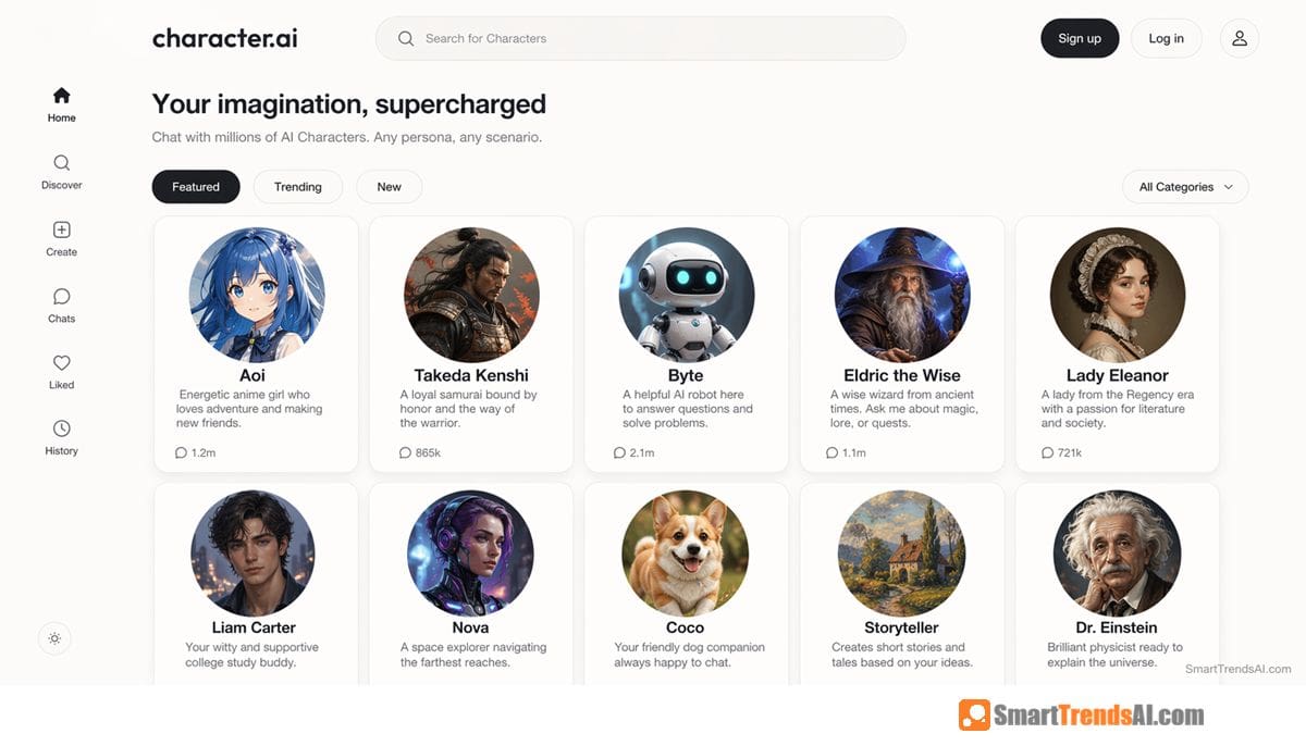Character AI homepage 2026 showing featured character selection grid with anime character Aoi (1.2m chats), samurai Takeda Kenshi (865k), robot Byte (2.1m), wizard Eldric the Wise (1.1m), historical figure Dr. Einstein and more — tagline "Your imagination, supercharged"