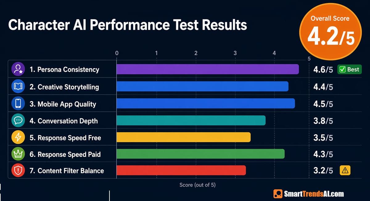 Character AI performance test results 2026 bar chart showing 7 criteria: Persona Consistency 4.6 out of 5 best, Creative Storytelling 4.4, Mobile App Quality 4.5, Conversation Depth 3.8, Response Speed Free 3.5, Response Speed Paid 4.3, Content Filter Balance 3.2 — overall score 4.2 out of 5 in orange badge top right