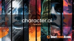 Character AI review 2026 — cinematic hero image showing multiple AI character portraits in artistic panel strips with character.ai branding, SmartTrendsAI