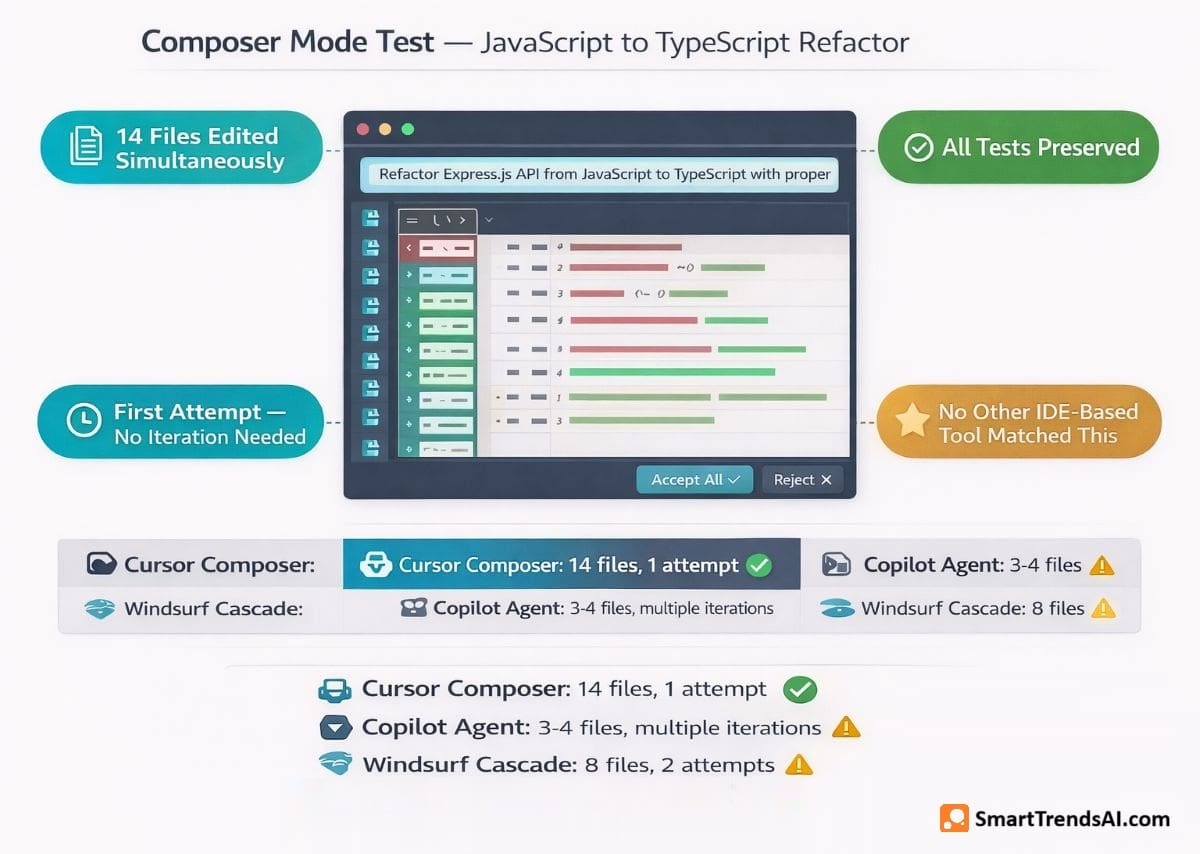 Cursor AI Composer mode test results showing 14 files edited simultaneously during JavaScript to TypeScript refactor with all tests preserved on first attempt, compared to Copilot Agent (3-4 files, multiple iterations) and Windsurf Cascade (8 files, 2 attempts)