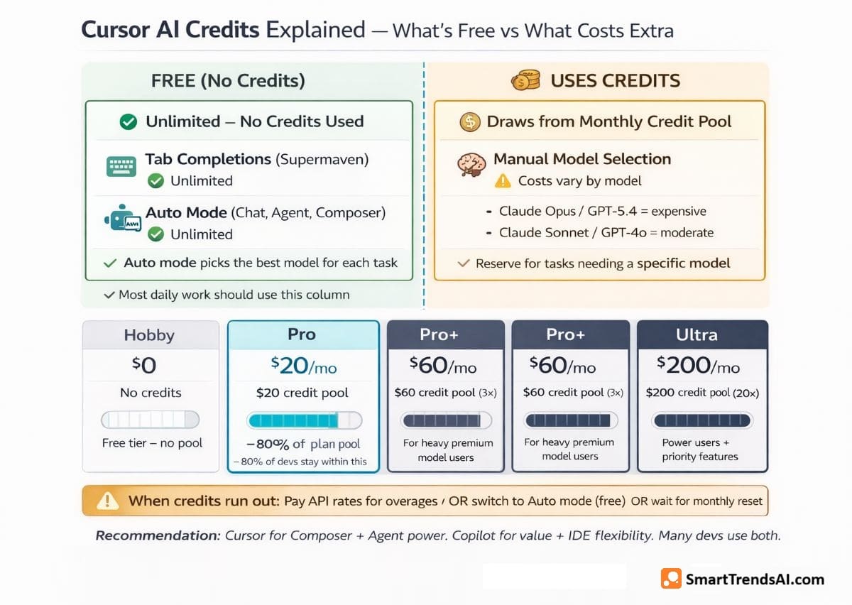 Cursor AI credit system explainer showing Tab completions and Auto mode are free and unlimited while manual model selection draws from credit pool, with 4 plan cards showing Hobby $0, Pro $20 credit pool, Pro+ $60 pool (3×), Ultra $200 pool (20×), and overage options