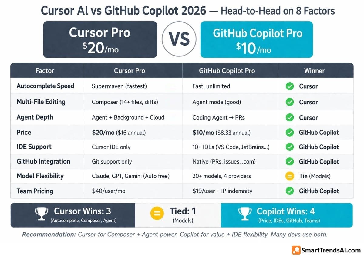 Cursor AI vs GitHub Copilot comparison showing Cursor Pro $20/mo wins on Supermaven autocomplete speed, Composer 14+ file editing, and Agent mode depth, while Copilot Pro $10/mo wins on price, 10+ IDE support, native GitHub integration, and team pricing at $19/user, with tie on model flexibility