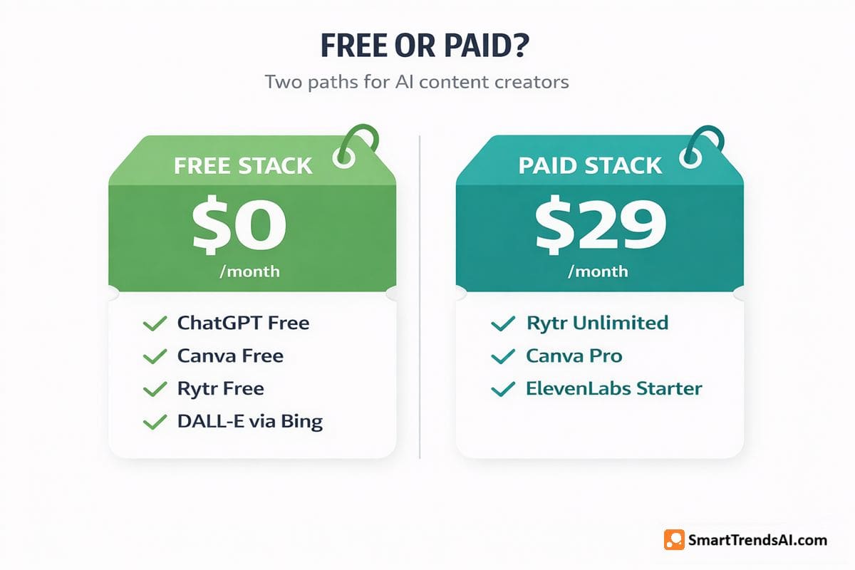 Free AI content stack at $0 with ChatGPT Free, Canva Free, Rytr Free, and DALL-E via Bing compared to paid solo stack at $29 per month with Rytr Unlimited, Canva Pro, and ElevenLabs Starter